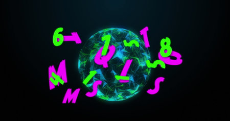 Multiple changing numbers and alphabets against spinning globe of network of connections. global...
