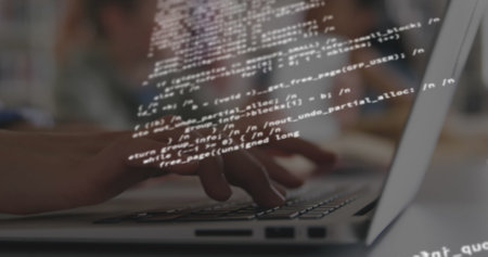 Digital composite image of data processing against person using laptop. global networking and...
