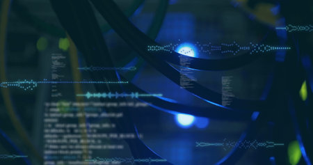 Image of data processing over close up of computer cables. digital interface, global technology,...