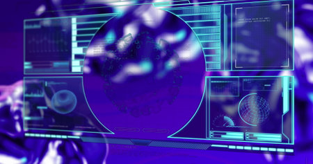 Image of covid 19 cell and medical data processing on screens on purple background. global...