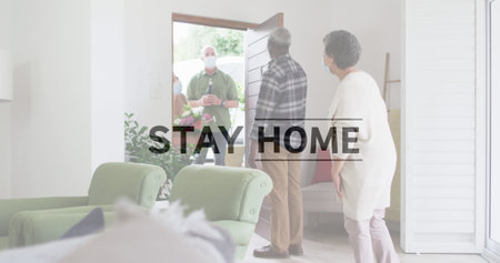 African american couple welcoming caucasian couple at home. retirement senior lifestyle living...