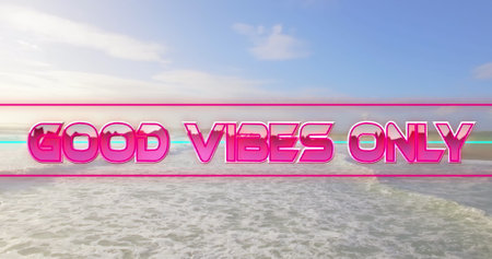 Image of the words good vibes only written in pink letters over sunny, clear ocean waves. positive feelings, nature and wellbeing concept, digitally generated image.の写真素材