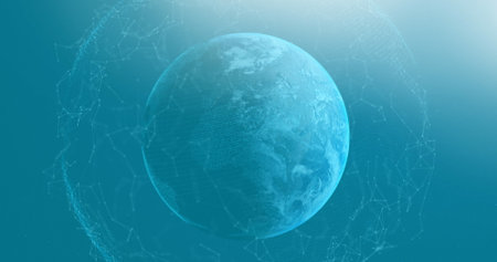 Image of globe with network of connections on blue background. global connections, technology and digital interface concept digitally generated image.の写真素材