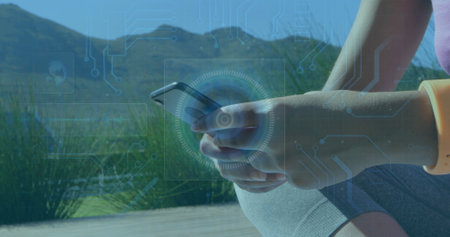 Image of scope scanning and data processing over woman using smartphone. digital interface, global...