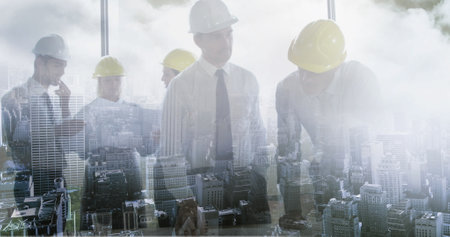 Image of group of architects working together over cityscape. global architecture, finances,...