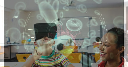 Virtual reality headset and virus cells over children and teacher in classroom. education,...