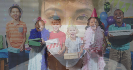 Image of Asian woman in mask for protection over kids celebrating birthday. Social distancing and...
