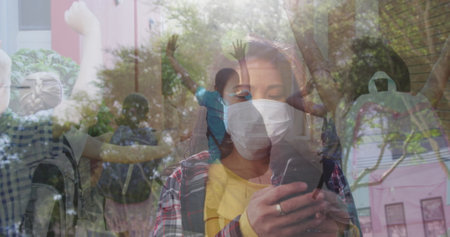 Image of Asian woman in mask for protection against coronavirus Covid 19 using smartphone over kids running. Social distancing and self isolation in quarantine lockdown digital composite.の写真素材