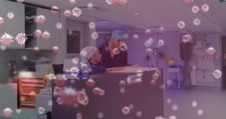 Healthcare workers in hospital discussing patient records amid virus outbreak. pandemic, medical...