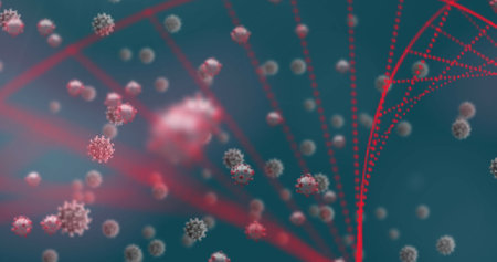 Image of human head model with Covid 19 cells floating and red DNA strand spinning on green...