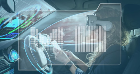 Image of information displays with woman in vr headset using smartphone in self driving car. communication technology digital interface concept, digitally generated image.の写真素材