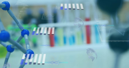 Image of statistics recording and data processing over scientific laboratory. digital interface, global technology, connection and science concept digitally generated image.の写真素材