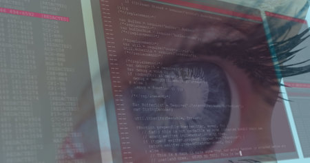 Image of woman&#39;s blue eye with interface and fast scrolling digital information. communication technology digital interface concept, digitally generated image.の写真素材