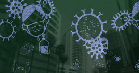Image of multiple Covid 19 coronavirus icons moving over cityscape on green background. Global coronavirus Covid 19 pandemic concept digitally generated image.の写真素材
