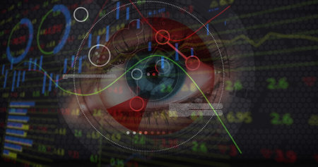 Image of financial data processing and scope scanning over woman&#39;s eye. global connections, technology and digital interface concept digitally generated image.の写真素材