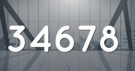 Image of numbers changing over empty modern office. global connections, technology and digital interface concept digitally generated image.の写真素材