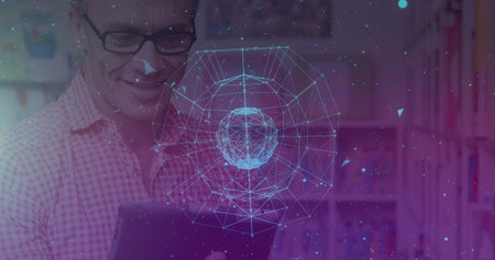 Image of globe with network of connections over man using tablet in background. global connections,...