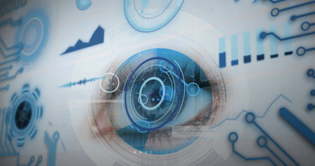 Image of data processing over eye scanning. global connections, data processing and digital...