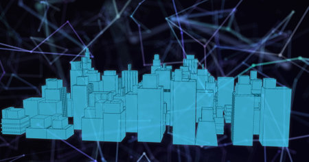 Image of network of connections over 3d blue city model on blue background. global connections,...