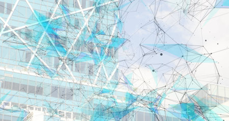 Image of network of connections over modern office building in background. global connections,...