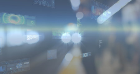 Image of data processing over people and cars on busy street. global connections, data processing...