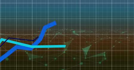 Image of blue lines recording over network of connections on grid in background. global connections, technology and digital interface concept digitally generated image.の写真素材