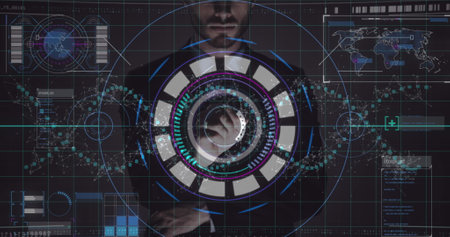 Data processing and scope scanning over caucasian man touching futuristic screen. computer interface and technology conceptの写真素材