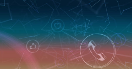 Image of digital icons over networks of connections on blue background. global connections, technology and digital interface concept digitally generated image.の写真素材