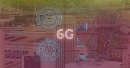 Image of 6g text, data processing and scopes scanning on screens over cityscape. global networking,...