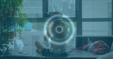 Image of scope scanning and processor elements over woman wearing vr headset. global data...