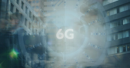 Image of 6g text and scope scanning over pedestrians walking in fast pace in city. global networking, technology and digital interface concept digitally generated image.の写真素材