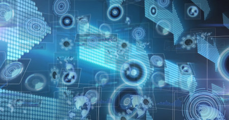 Image of scopes scanning and data processing on screens over digital arrows. global connections,...