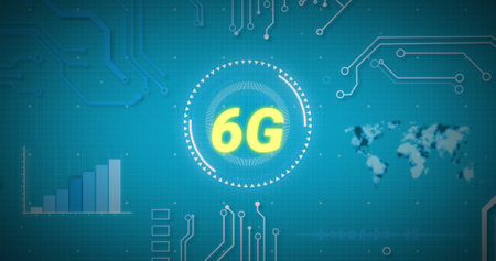 Image of 6g text, scope scanning and data processing over world map. global networking, technology...