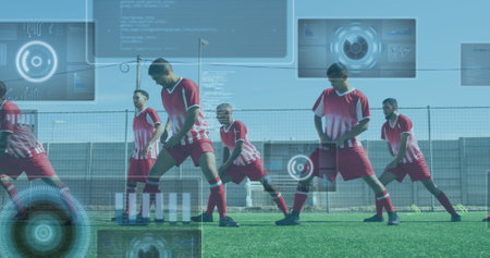Image of scopes and data processing on screens over male football players warming up. global sport, technology and digital interface concept digitally generated image.の写真素材
