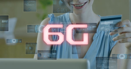 Image of 6g text, scopes scanning and data processing over woman using laptop. global networking,...