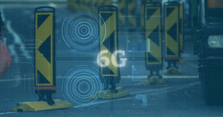 Image of 6g text, data processing and scopes scanning on screens over busy road. global networking,...