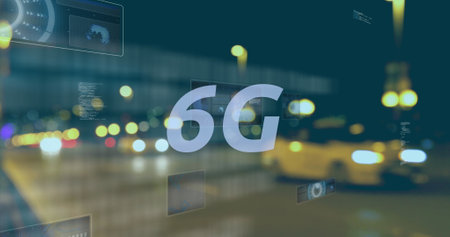 Image of 6g text, data processing and scopes scanning on screens over out of focus road traffic....