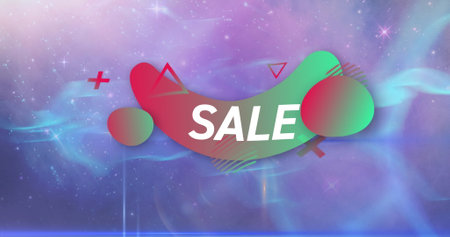 Image of sale text in white over green to red hapes on pink to purple background. retail, savings and shopping concept digitally generated image.の写真素材