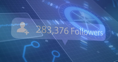Image of speech bubble with followers and numbers, scope scanning on screen over grid. global connections, technology and digital interface concept digitally generated image.の写真素材