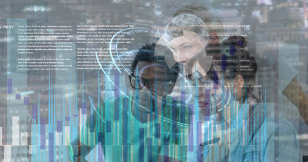Financial data processing over office colleagues discussing together against cityscape. global finance and business conceptの写真素材
