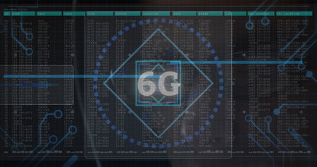 6g text and microprocessor connections against data processing on black background. global...