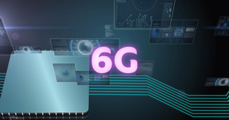 Image of 6g text, data processing and scopes scanning on screens over computer processor. global...