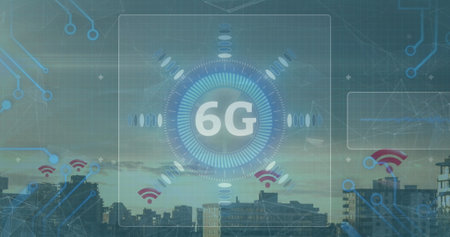 Image of 6g text, data processing and scopes scanning on screens over cityscape. global networking,...