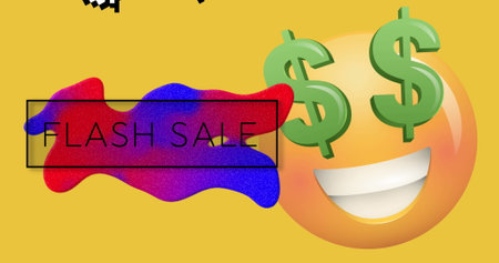 Image of retro flash sale text with speech bubbles and emoji with dollar symbols on yellow. vintage retail, savings and shopping concept digitally generated image.の写真素材