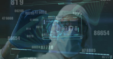 Image of dna and numbers changing over scientist in ppe suit holding screen with covid 19 cell....
