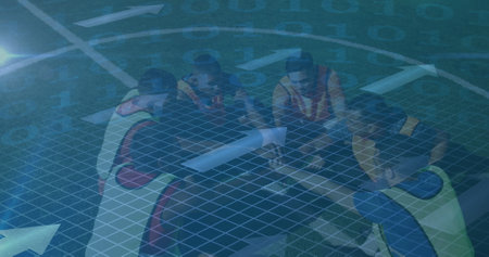 Binary coding data processing and arrows against team of male soccer players forming hand stack. sports and technology conceptの写真素材