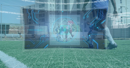 Digital interface with data processing against two team of male soccer players playing soccer....
