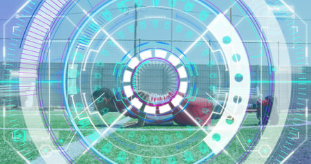 Image of scope scanning over male football player with prosthetic limb doing push ups. fitness, sport and competition concept digitally generated image.の写真素材