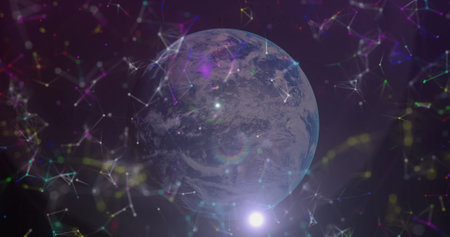 Image of networks of connections over globe on purple background. global technology, networking and...