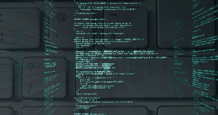 Image of green data processing over computer keyboard on grey background. global technology,...
